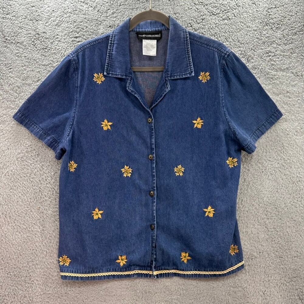 Sag Harbor Size 16 Vintage Floral Embroidered Button Up Shirt 100%‎ Cotton EUC